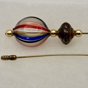 2-Gold Toned Murano Glass Hand Blown Stick Pins Red White & Blue /Black & Gold